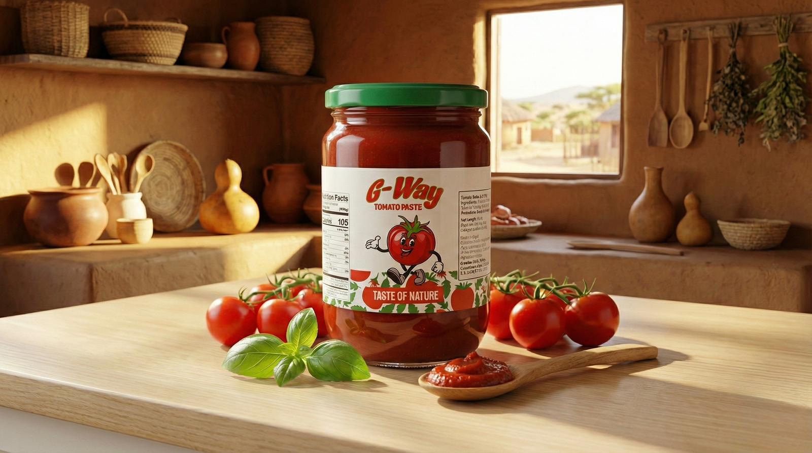 G-Way Tomato Paste in a market-style setting